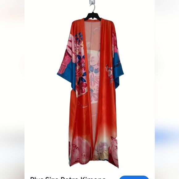 Vintage Floral Kimono in orange teal blue and pink One size fits most - Picture 13 of 16